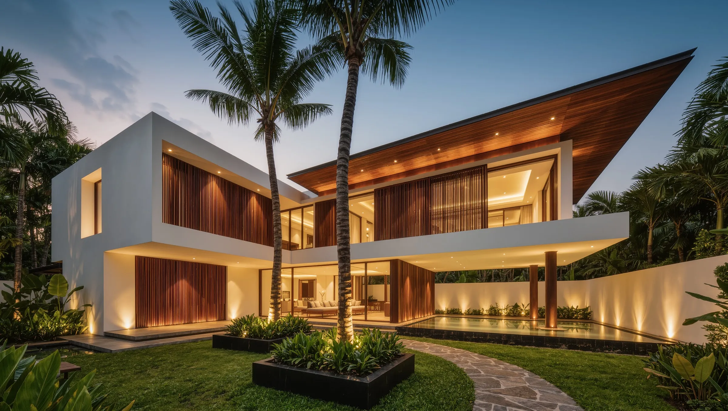 Contemporary Chennai villa at dusk with teak louvres — architecture by Ploceus Designs