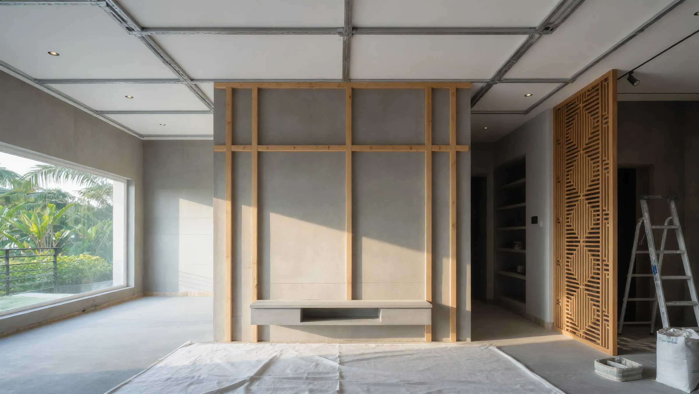 Living room under construction with timber battens and ceiling framework