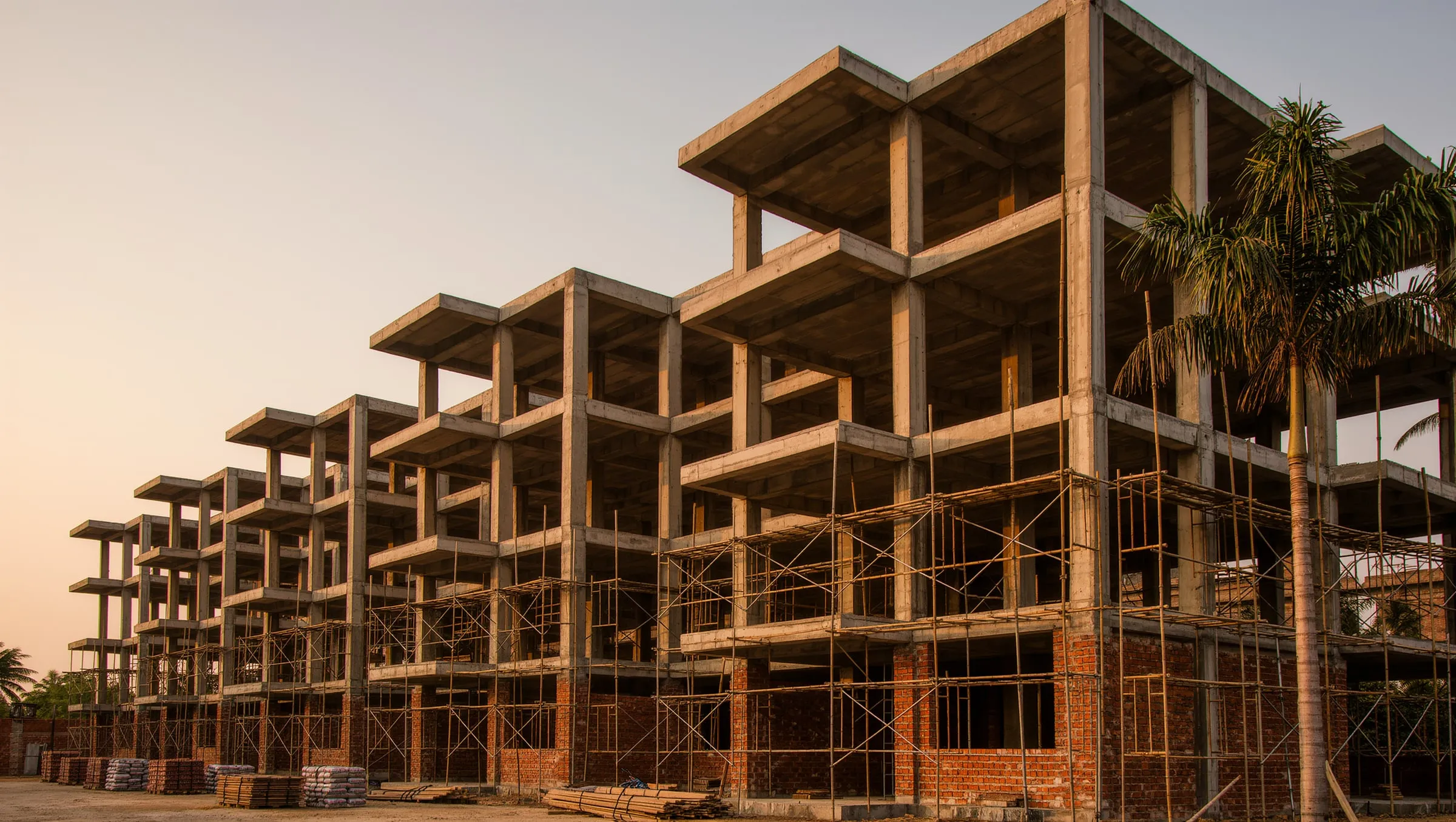 Residential building under construction in Chennai at golden hour