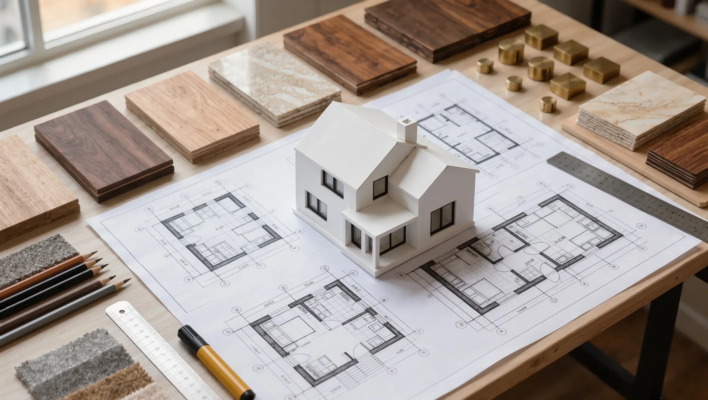 Architect's desk with sketches, a house model and material samples