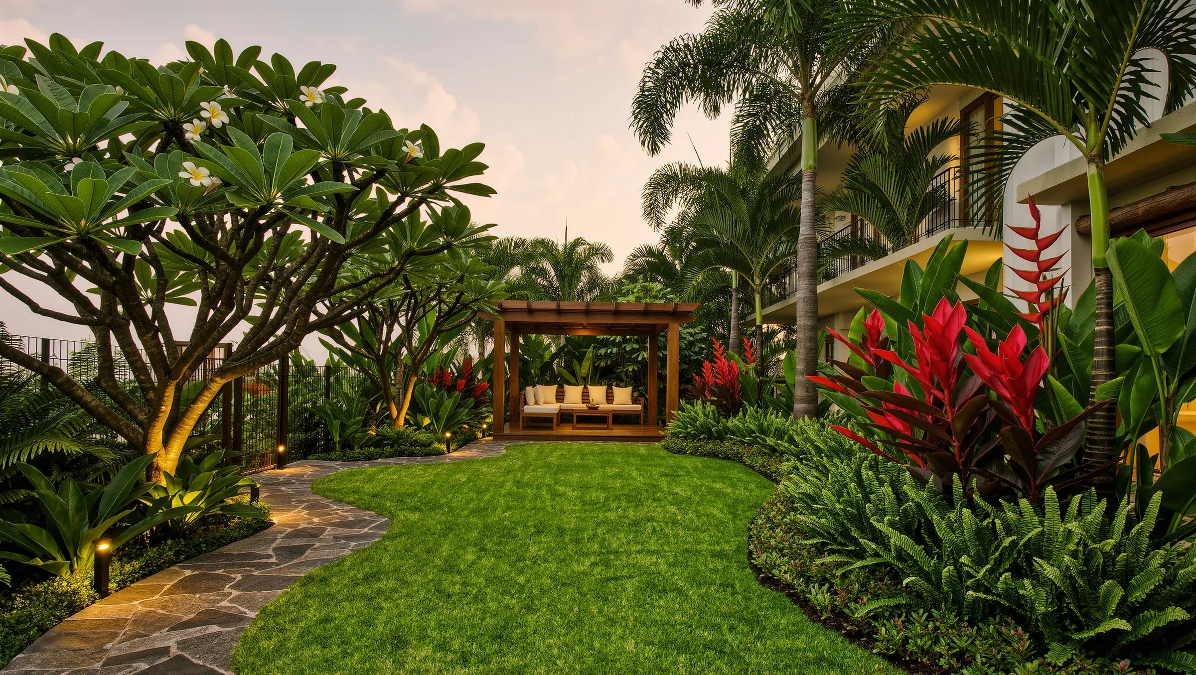Lush villa garden with lawn, stone path and teak pergola