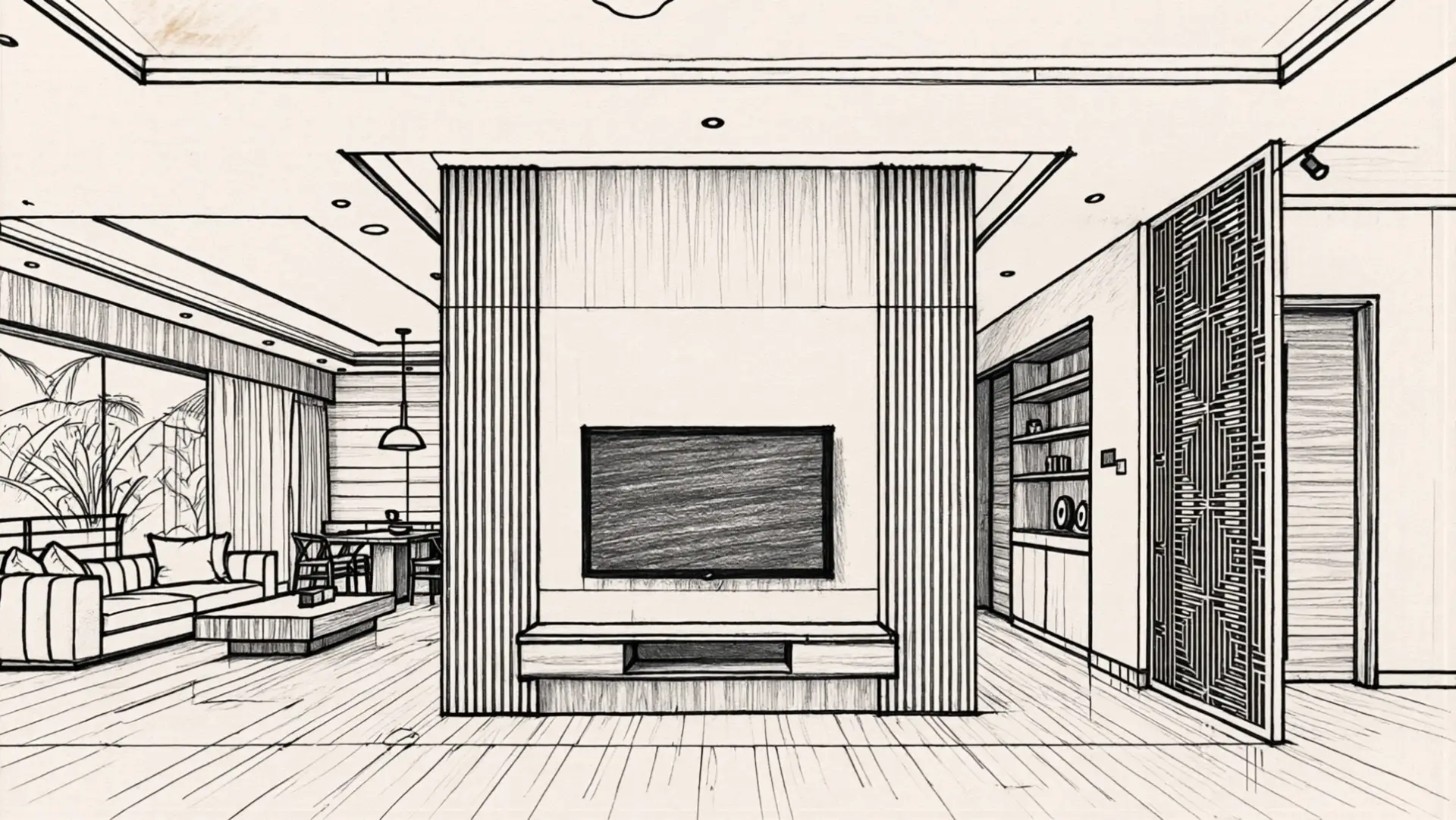 Architect's sketch of a living room turning into a finished Ploceus Designs interior